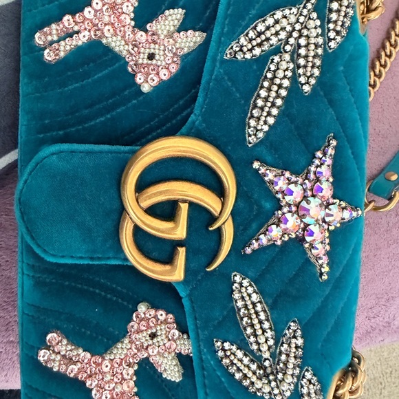Gucci Handbags - Gucci Teal Velvet Marmont (blue and pink interior)